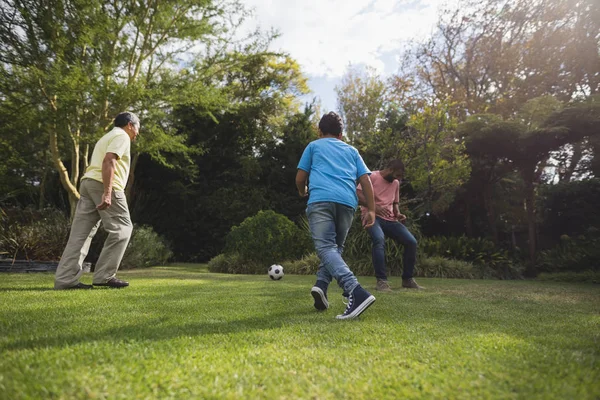 Familia jugando al fútbol en el parque — Foto de Stock
