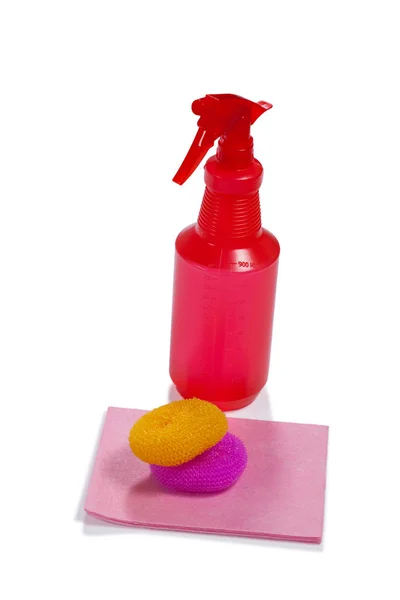 Cleaning spray bottle and dish scrubber — Stock Photo, Image