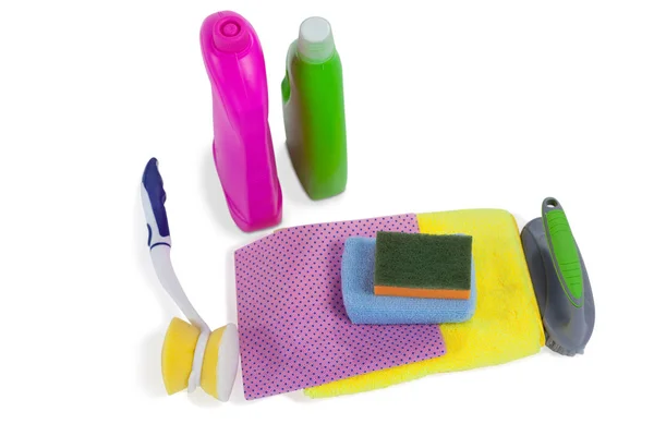 Recipientes de detergente y cepillo de limpieza —  Fotos de Stock