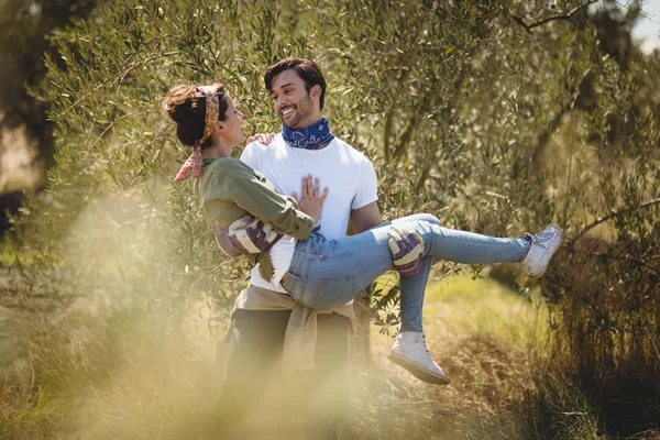 Hombre llevando novia por árboles en granja —  Fotos de Stock