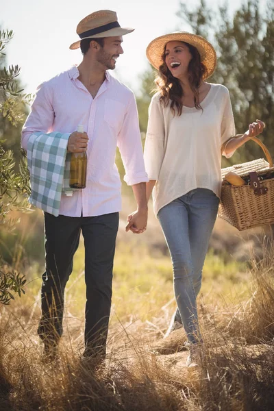 Fröhliches junges Paar trägt Picknickkorb — Stockfoto