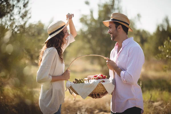 Casal segurando cesta de postigo na fazenda de oliveira — Fotografia de Stock