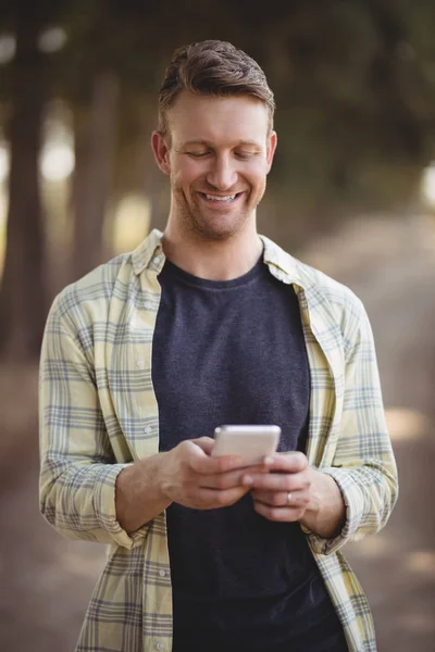 Homem usando telefone celular na fazenda de azeitona — Fotografia de Stock