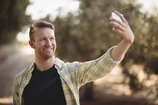 Hombre tomando selfie en olivar granja — Foto de Stock