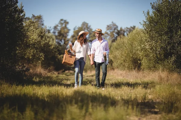 Para, trzymając się za ręce podczas prowadzenia kosz piknikowy — Zdjęcie stockowe