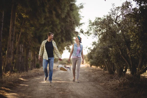 Pareja llevando cesta mientras caminando en camino de tierra —  Fotos de Stock