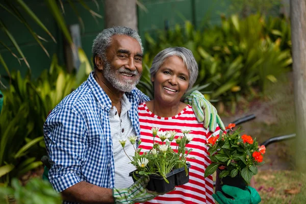 Äldre par stående tillsammans i bakgård — Stockfoto