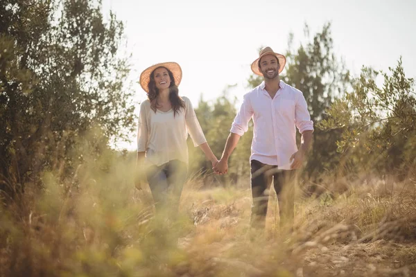 Casal de mãos dadas na fazenda — Fotografia de Stock