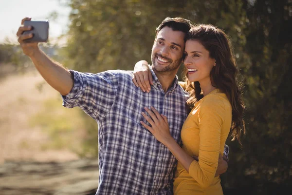 Jovem casal tomando selfie na fazenda de oliveira — Fotografia de Stock