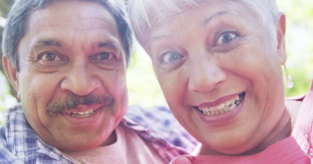 公園に笑みを浮かべて年配のカップル — ストック動画