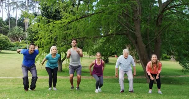 Grupp människor utövar tillsammans i parken — Stockvideo