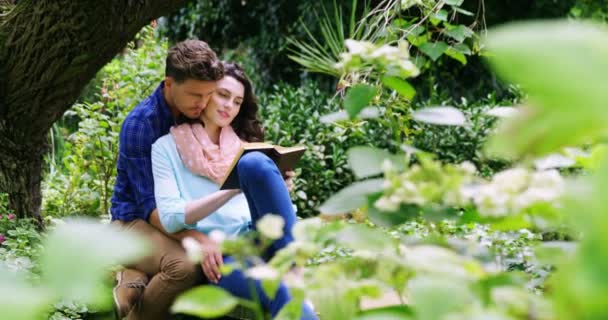 Романтическая пара читает роман в парке — стоковое видео