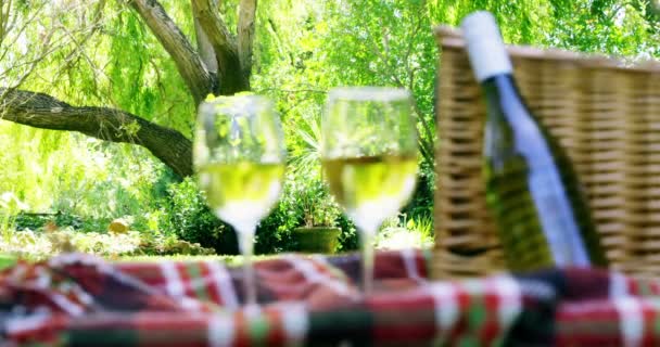 Copas de vino, botella y canasta de comida sobre la mesa — Vídeos de Stock