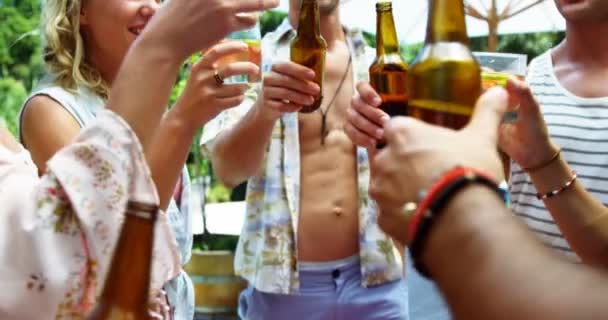 Amigos brindar garrafas de cerveja — Vídeo de Stock