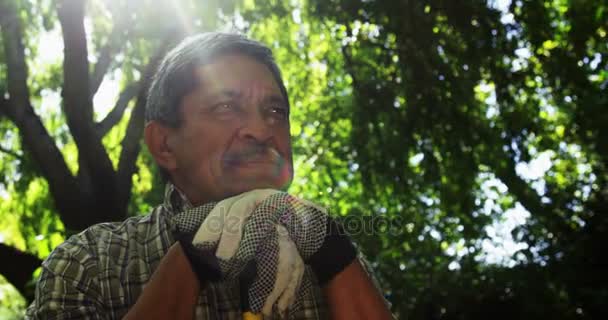 Hombre mayor mirando hacia el jardín — Vídeos de Stock