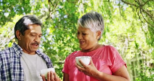 Äldre par interagerar med kopp kaffe — Stockvideo