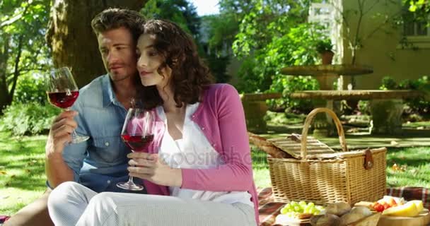 Par som interagerar med rödvin i park — Stockvideo