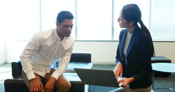 Compañeros de negocios discutiendo sobre portátil — Vídeos de Stock