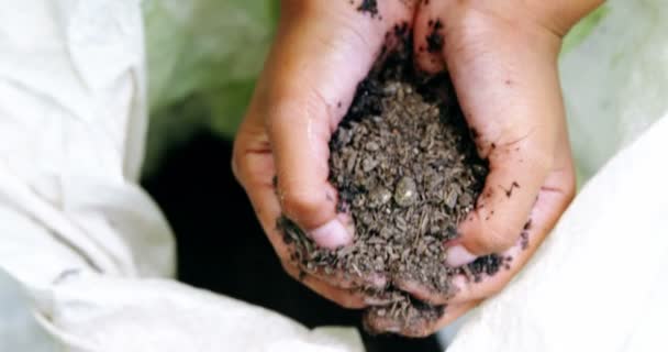 Senior kobieta gospodarstwa gleby w jej ręce — Wideo stockowe