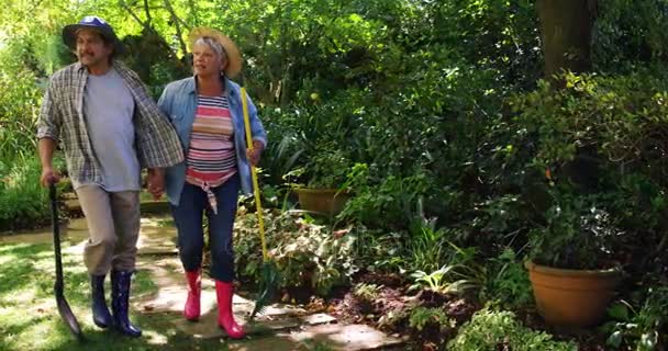 庭園を歩いて年配のカップル — ストック動画