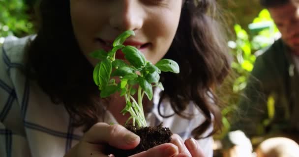 Vrouw bedrijf plantage in tuin — Stockvideo