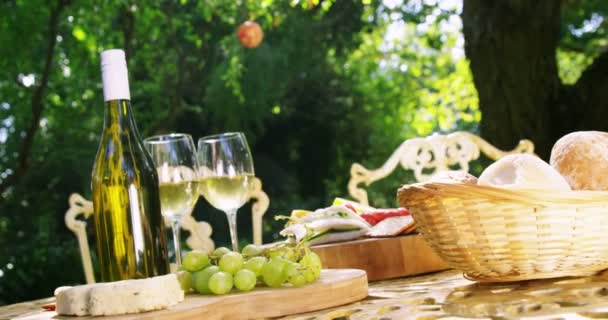 Garrafa de vinho, uvas e queijo mantidos na mesa — Vídeo de Stock
