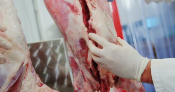 Мясник режет мясо на мясокомбинате — стоковое видео