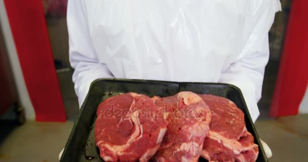 Carniceiro fêmea segurando uma bandeja de carne crua — Vídeo de Stock