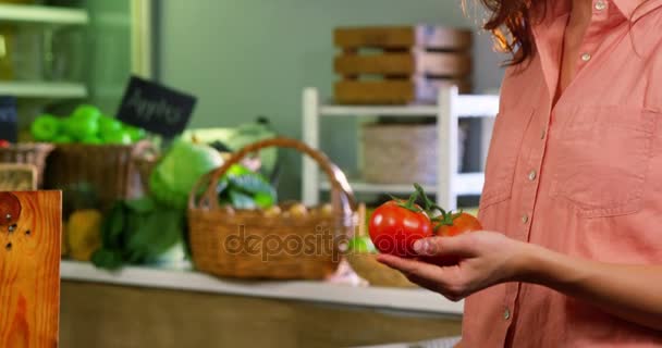 Mulher segurando tomate e usando telefone celular — Vídeo de Stock