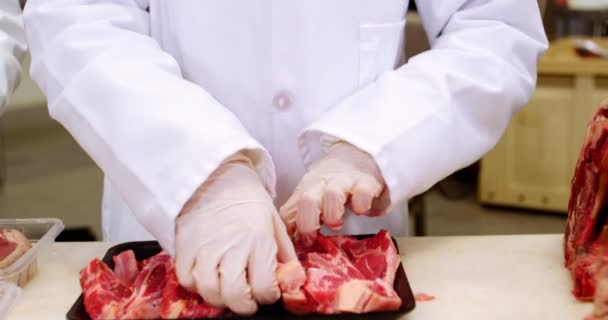 Boucher femelle arrangeant la viande crue dans un plateau — Video