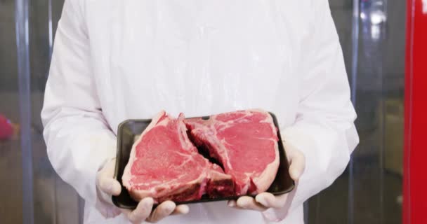 Butcher drží tác syrového masa — Stock video