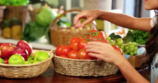 Frau wählt Tomaten in Bio-Abteilung aus — Stockvideo