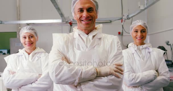 Equipo de carnicero sonriente de pie con los brazos cruzados — Vídeos de Stock