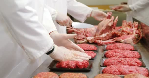 Мясник упаковывает мясо в контейнер — стоковое видео