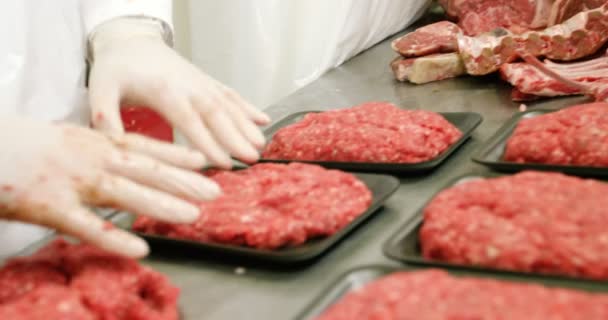 Prostřední část řezníka, balení mleté maso v nádobě — Stock video