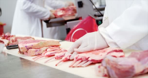 Carnicero cortando carne cruda — Vídeo de stock