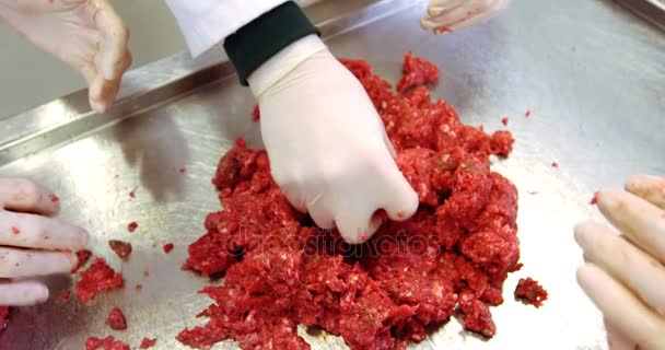 Mãos de açougueiros preparando bola de carne de carne picada — Vídeo de Stock