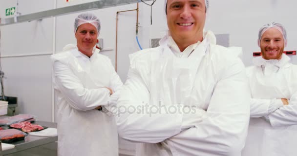 Equipo de carnicero sonriente de pie con los brazos cruzados — Vídeo de stock