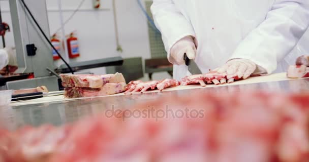 Slager rauw vlees snijden — Stockvideo