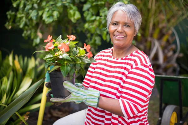Wanita tersenyum memegang pot tanaman — Stok Foto