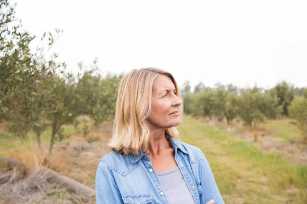 Femme réfléchie debout dans un champ d'oliviers — Photo