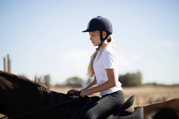 Дівчина їде на коні на ранчо — стокове фото
