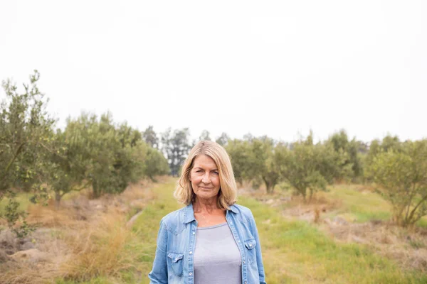 女人站在橄榄农场 — 图库照片