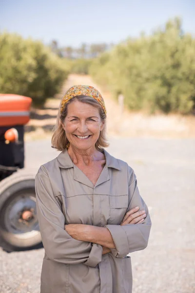 Femme debout avec les bras croisés dans la ferme d'olivier — Photo