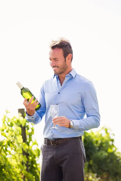 Man holding wine bottle and glass against sky — Stock Photo, Image