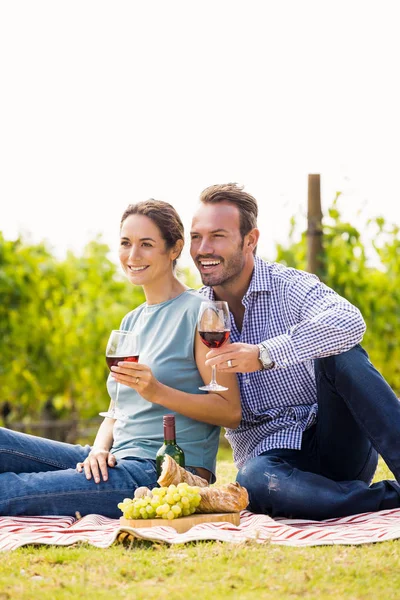Пара с вином, отводящим взгляд — стоковое фото