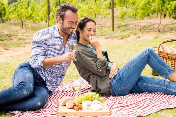 잔디밭에서 와인 데 여자와 남자 — 스톡 사진