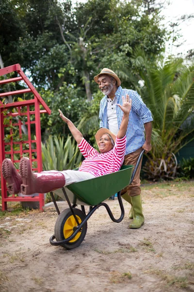 Uomo anziano che trasporta donna in carriola — Foto Stock