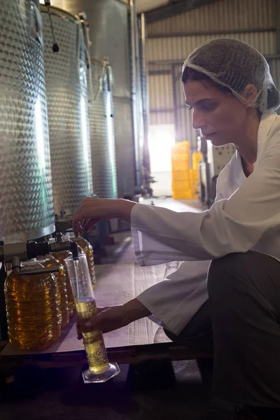 Technicienne examinant l'huile d'olive — Photo