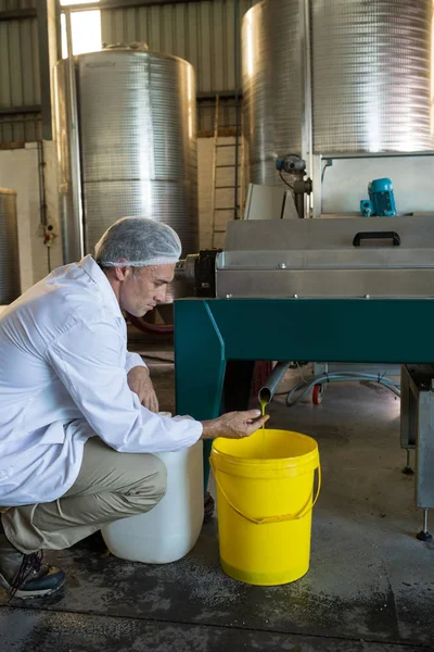 Technician examining olive oil produced from machine — Stock Photo, Image